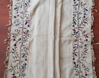 Turkish antique towel, &quot; peşkir &quot; with Ottoman spring patterns embroidered w/ silver & silk yarn on hand woven cotton cloth. Bath decor