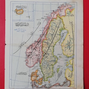 C 19th Ottoman map of Scandinavia and Baltic Sea - Antique ephemera - Home decor Wall decor