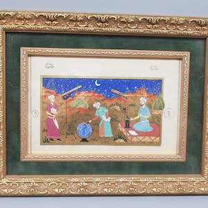 Osmanische türkische Miniaturkunst Astronomie - Astronomen betrachten den Himmel und messen ihre Landkarte - Eingerahmt Wohnkultur Wandbehang