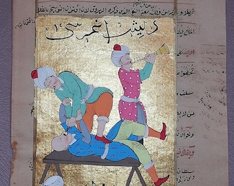 Osmanische türkische Miniaturkunst; Der Zahnarzt im Osmanischen Reich - Handmalerei Wohnkultur Wandbehang