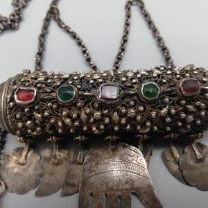 Ottoman Middle Eastern antique silver amulet necklace - hamayil pendant in cylinder form w/ Hamsa - Collectible