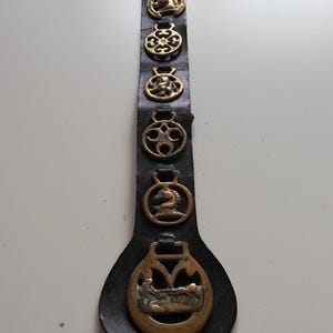 1960's horse brass medallions / badges on leather strap - Collectable Horse medallions Horse adornment - Home decor Farm decor
