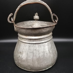 Cubo de cobre antiguo turco otomano de la década de 1900 con asa y tapa de bronce - Olla coleccionable Decoración de cocina Decoración del hogar
