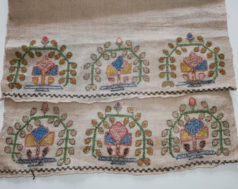 1950&#39;s Turkish antique &quot; yaglik &quot;  w/ Ottoman floral patterns embroidered with silk thread on hand woven cotton / linen textile. Home decor