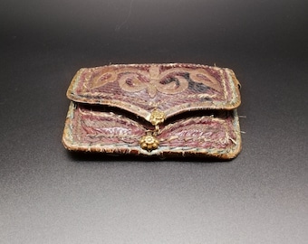 C 19th, Ottoman Turkish antique leather coin purse wallet pouch embroidered w/ golden thread - Collectable Home decor Gift for her