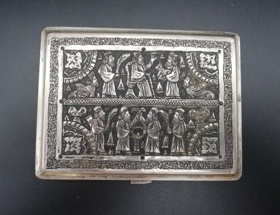 Middle Eastern antique silver cigarette case engr… - image 1