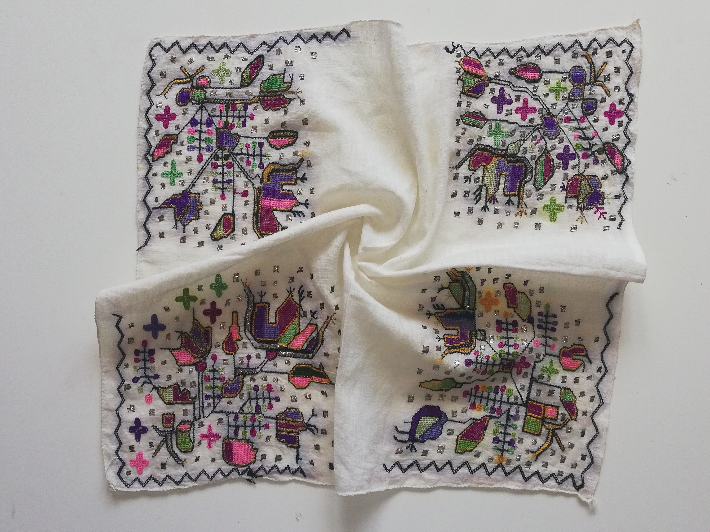Mid Century, Turkish authentic silk & metallic embroidery on silk cloth called "Çevre" kind of handkerchief - Part of dowery - Home decor