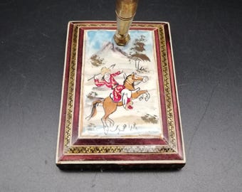 Middle Eastern &quot; khatam kari&quot; pen holder w/ hand painted miniature of hunting - Desk top organizer accessory Office decor Gift for him