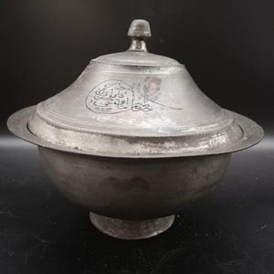 Ottoman Turkish antique copper soup-bowl with lid dated 1223 (1808) & inscribed in Ottoman - Collectable Home decor Kitchen decor