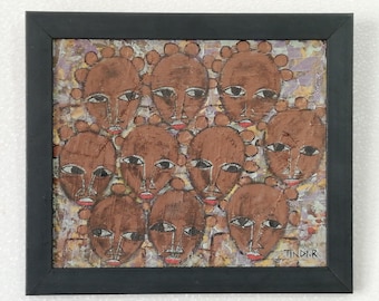 African oil painting &quot;family portrait&quot; on canvas signed by TINDI.R - Framed African decor wall decor home decor - Work of art from Uganda