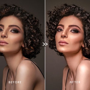 May include: A before-and-after image of a person with curly brown hair and dark eye makeup. The "BEFORE" image shows a slightly less enhanced version, while the "AFTER" image displays a more polished look. The person is wearing a black top.
