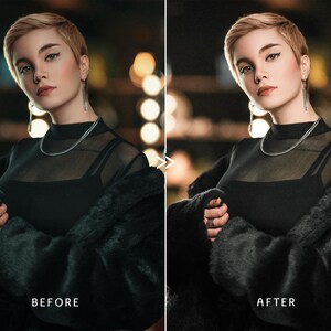 May include: A before and after image of a woman with short blonde hair. She is wearing a black top, a silver necklace, and a black faux fur coat. The text "BEFORE" is on the left, and "AFTER" is on the right.