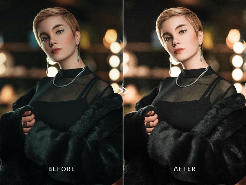 May include: A before and after image of a woman with short blonde hair. She is wearing a black top, a silver necklace, and a black faux fur coat. The text "BEFORE" is on the left, and "AFTER" is on the right.