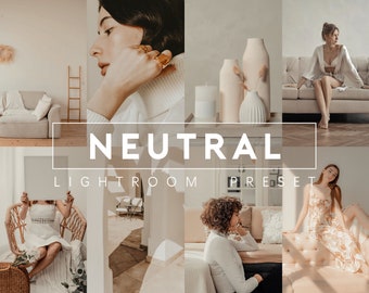 Puede incluir: Un conjunto de ajustes preestablecidos de Lightroom llamados "Neutral" con un collage de imágenes que muestran los efectos de los ajustes preestablecidos. Las imágenes presentan personas en varias poses y entornos, todas con una paleta de colores neutros.