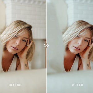 May include: A woman with short blonde hair, wearing a white tank top, and a heart tattoo on her wrist. The image has the text "BEFORE" and "AFTER" to show a before and after photo edit.