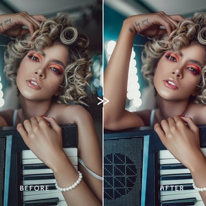 May include: A woman with curly blonde hair and vibrant eye makeup poses with a vintage keyboard. She wears a pearl bracelet. The image is split, with "BEFORE" and "AFTER" text, showcasing a photo edit.