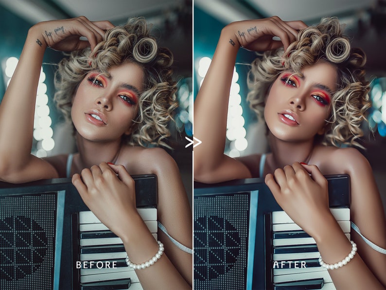 May include: A woman with curly blonde hair and vibrant eye makeup poses with a vintage keyboard. She wears a pearl bracelet. The image is split, with "BEFORE" and "AFTER" text, showcasing a photo edit.
