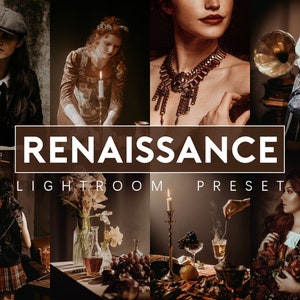 May include: A collage of images featuring a vintage aesthetic with a Renaissance theme. The images include a woman wearing a necklace, a woman in a white dress, a woman in a brown dress, and a still life with candles, grapes, and a glass of wine. The text "RENAISSANCE LIGHTROOM PRESET" is displayed in the center of the collage.