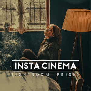 May include: A woman sits in a chair with a brown sweater and a red headscarf. She is looking up and to the right. There is a lamp in the background and a table in the foreground. The text "INSTA CINEMA LIGHTROOM PRESET" is on the table.
