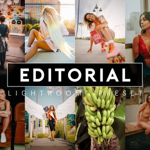 May include: A collage of images featuring people in various settings. The images are edited with a warm, vintage-inspired filter. The text "EDITORIAL LIGHTROOM PRESET" is displayed in the center of the collage.