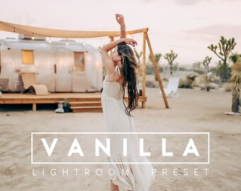 May include: A woman in a white dress poses in front of a vintage trailer in a desert setting. The text "VANILLA LIGHTROOM PRESET" is superimposed on the image.