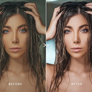 May include: A split image shows a woman's face before and after a beauty treatment. The "BEFORE" image shows the woman with wet hair and a natural complexion. The "AFTER" image shows the woman with enhanced features and a brighter complexion.