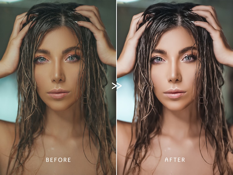 May include: A split image shows a woman's face before and after a beauty treatment. The "BEFORE" image shows the woman with wet hair and a natural complexion. The "AFTER" image shows the woman with enhanced features and a brighter complexion.