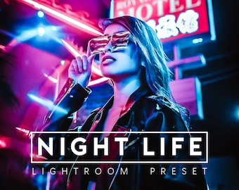 May include: A woman wearing reflective sunglasses and a black leather jacket, set against a neon-lit backdrop. The image features the text "NIGHT LIFE LIGHTROOM PRESET" in a white rectangular frame, with a red sign in the background.