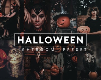 May include: A Halloween themed Lightroom preset with a collage of images featuring pumpkins, witches, and other spooky characters. The text "HALLOWEEN LIGHTROOM PRESET" is displayed in the center of the image.