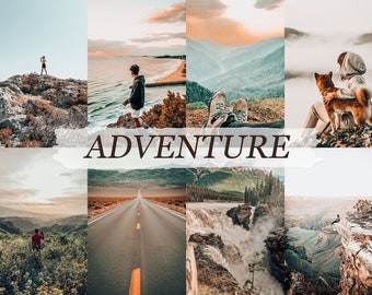 May include: A collage of images showcasing various outdoor adventures, including a person standing on a mountaintop, a person walking along a beach, a person sitting on a cliff with a dog, a road stretching into the distance, and a waterfall cascading over rocks. The word "ADVENTURE" is written in brown text across the middle of the collage.