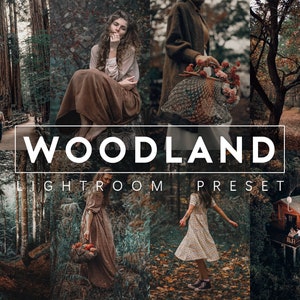Könnte beinhalten: Ein digitales Produkt zum Bearbeiten von Fotos mit einem Waldthema. Das Bild zeigt eine Collage von Fotos mit einer rustikalen, erdigen Farbpalette. Der Text "WOODLAND LIGHTROOM PRESET" wird in der Mitte des Bildes angezeigt.
