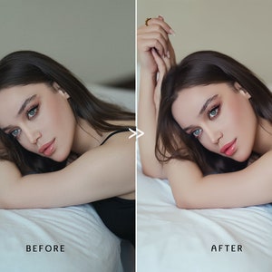 May include: A before and after image of a person with dark hair and blue eyes. The person is wearing a black top and is lying on a white surface. The text "BEFORE" is at the bottom left, and "AFTER" is at the bottom right.