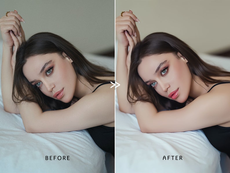 May include: A before and after image of a person with dark hair and blue eyes. The person is wearing a black top and is lying on a white surface. The text "BEFORE" is at the bottom left, and "AFTER" is at the bottom right.