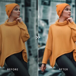May include: A woman wearing a mustard yellow sweater and beanie with the word "CARE" printed on it. The sweater has a cowl neck and asymmetrical hem. The background is a blurred cityscape. The image is split, with "BEFORE" and "AFTER" text.