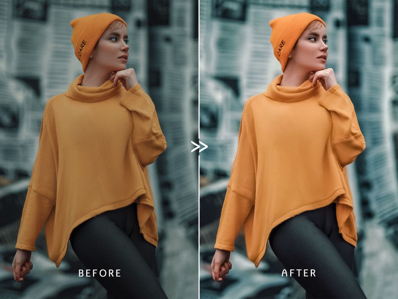 May include: A woman wearing a mustard yellow sweater and beanie with the word "CARE" printed on it. The sweater has a cowl neck and asymmetrical hem. The background is a blurred cityscape. The image is split, with "BEFORE" and "AFTER" text.