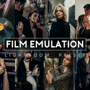 以下が含まれることがあります： フィルムエミュレーションのためのLightroomプリセットを紹介する画像のコラージュ。このプリセットは、ヴィンテージでムードがあり、映画のようなルックを実現します。画像には、抱き合っているカップル、暗いコートを着た女性、スーツを着た男性など、さまざまな設定の人物が写っています。