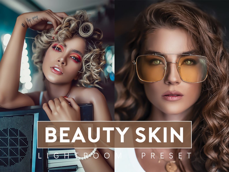 May include: A split image featuring two women. The left side shows a woman with curly blonde hair and vibrant eye makeup. The right side features a woman wearing gold-rimmed sunglasses with yellow lenses. Text overlay reads "BEAUTY SKIN LIGHTROOM PRESET."