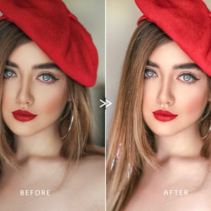 May include: A woman with long blonde hair, blue eyes, and red lipstick is wearing a red beret and large hoop earrings. The image shows a "BEFORE" and "AFTER" comparison of a beauty edit.
