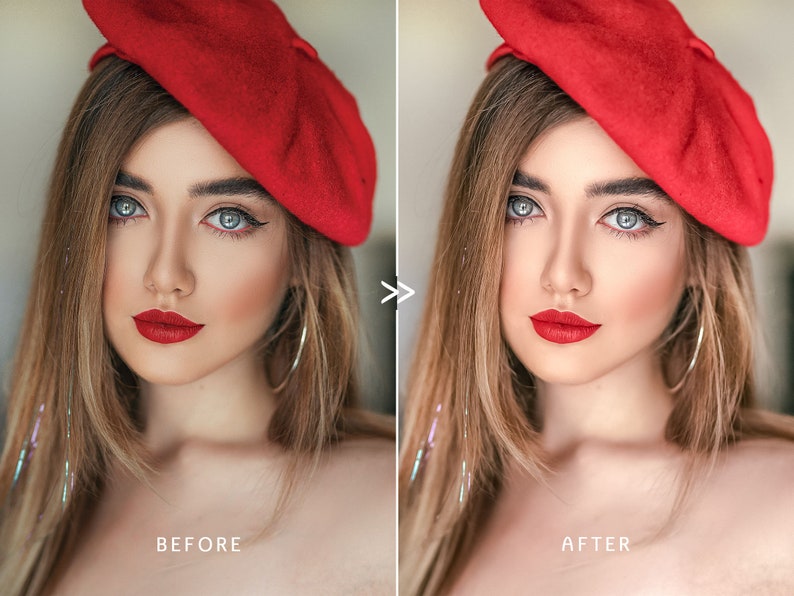 May include: A woman with long blonde hair, blue eyes, and red lipstick is wearing a red beret and large hoop earrings. The image shows a "BEFORE" and "AFTER" comparison of a beauty edit.