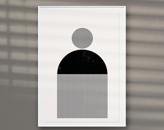 May include: A framed minimalist art print featuring a black and white geometric design. The artwork includes a black semi-circle, a circle with concentric lines, and vertical lines. The print is displayed in a white frame.