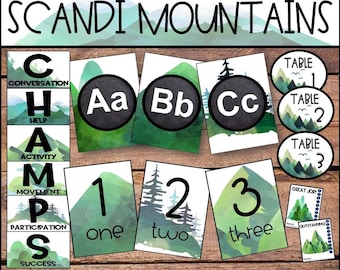 Paquete de regreso a clases con decoración y gestión de aulas de montañas escandinavas