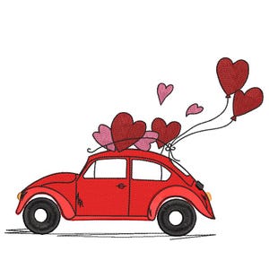 Red Beetle Car with heart balloons Machine Embroidery File