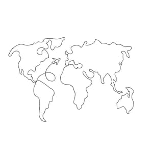 May include: A minimalist black and white line drawing of a world map with a stylized airplane tracing a flight path. The continents are outlined in a continuous line, suggesting travel and exploration. The image evokes a sense of adventure and global connectivity.