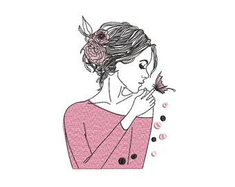 Woman with Butterfly Machine Embroidery Design