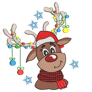 Reindeer in Santa hat with Xmas Lights, Christmas Machine Embroidery Design.