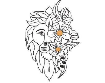 Lion Face with Flowers Machine Embroidery Design