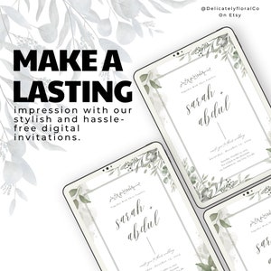 May include: Three digital wedding invitations featuring a watercolour floral design. The invitations display the names "Sarah + Abdul" in a cursive font. The invitations are shown against a white background.
