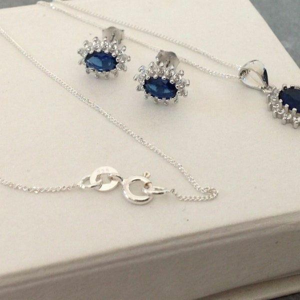 925 Sterling Silver Sapphire Blue Cluster Necklace & Earrings Set Gift Boxed Womens Stunning