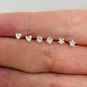 925 Sterling Silver Clear Round Star Heart Earrings Studs Set of Three Pairs