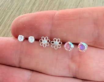 925 Sterling Silver Stud Earrings Set of Three Gift Women Kids Girls